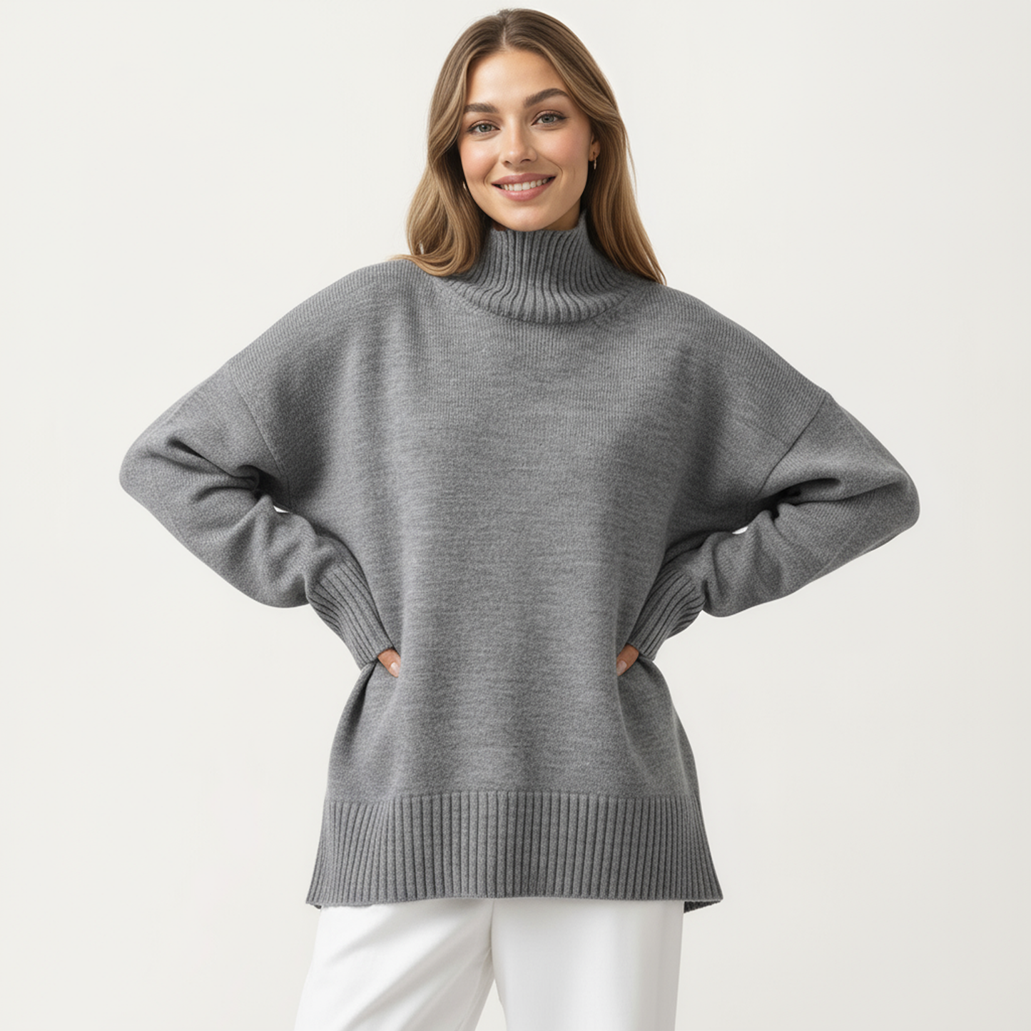Oversized Turtleneck Sweater with Long Sleeves and Ribbed Hem