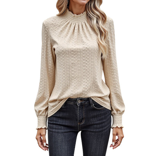 Long Sleeve Textured Blouse with Smocked High Neckline and Cuffed Sleeves