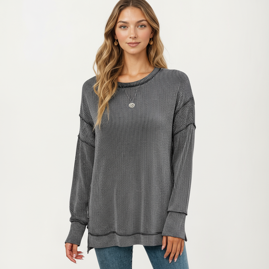 Long Sleeve Ribbed Knit Pullover Top with Side Slit Detail