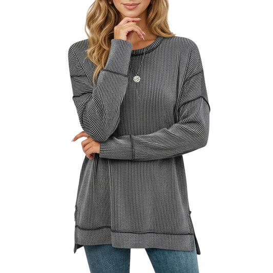 Long Sleeve Ribbed Knit Pullover Top with Side Slit Detail