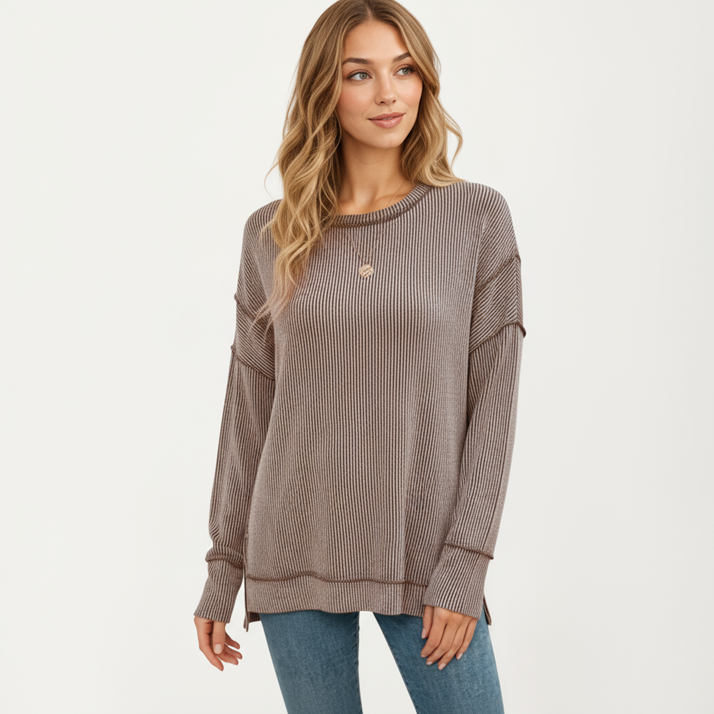 Long Sleeve Ribbed Knit Pullover Top with Side Slit Detail
