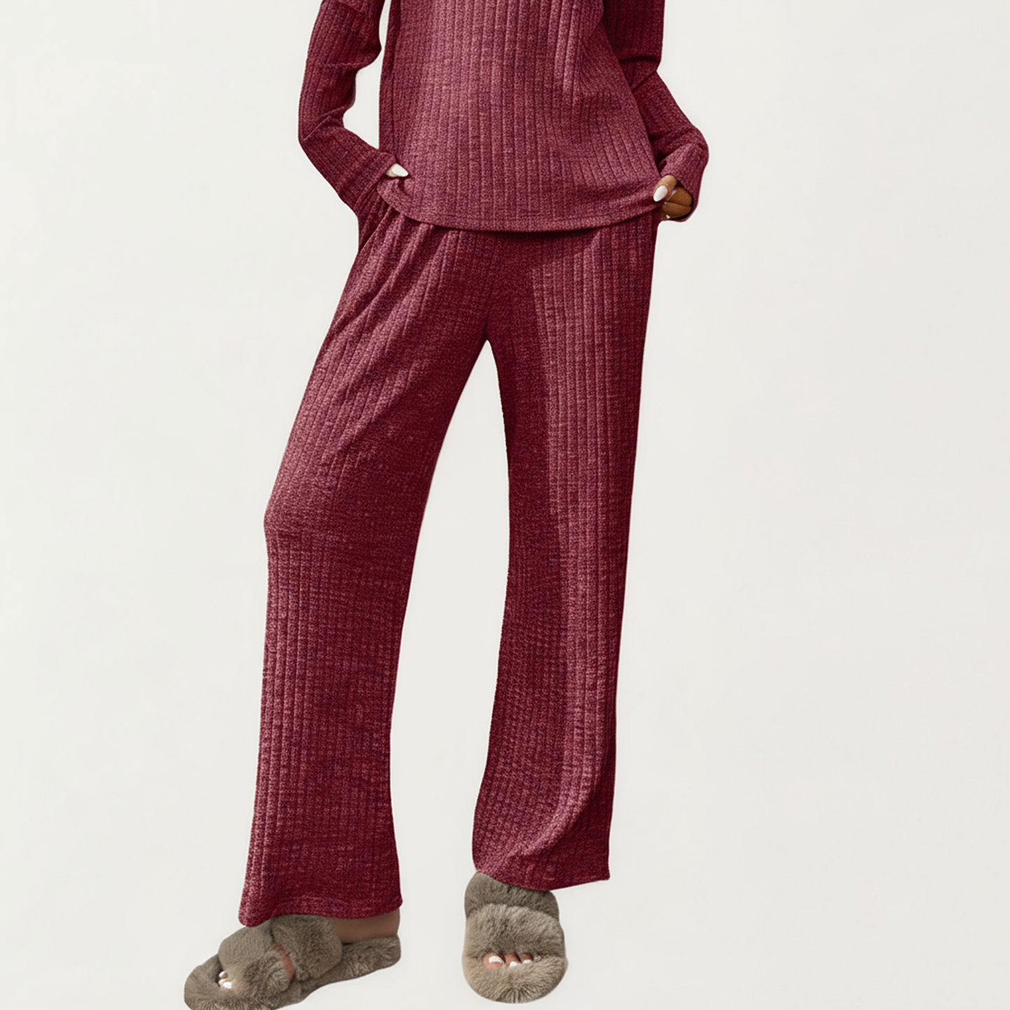 2-Piece Set Off-Shoulder Ribbed Knit Long Sleeve Top and Wide Leg Pants