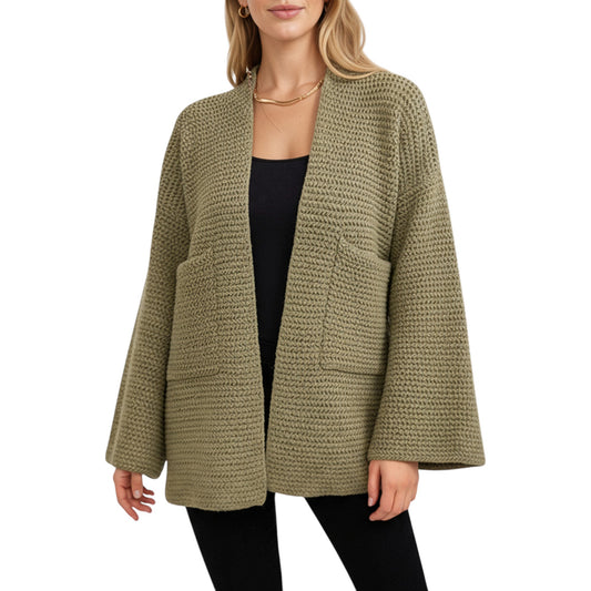 Open Front Long Sleeve Textured Knit Cardigan with Relaxed Fit