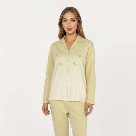 2-Piece Set Long Sleeve Button Front Top and Relaxed Fit Pants Pajama Set with Minimalist Floral Detail
