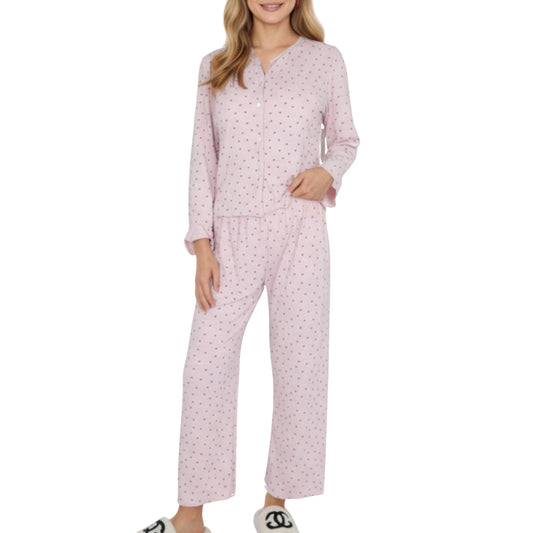 2-Piece Set Long Sleeve Button Front Top with Built-In Chest Pads and Relaxed Fit Pants Pajama Set in Soft Textured Fabric