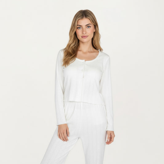 2-Piece Set Long Sleeve Button Front Top with Built-In Chest Pads and Relaxed Fit Pants Pajama Set in Soft Knit Fabric