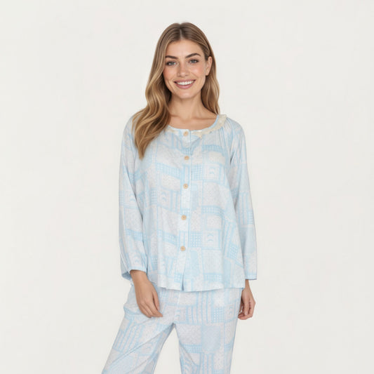 2-Piece Set Long Sleeve Button Front Top with Built-In Chest Pads and Relaxed Fit Pants Pajama Set with Floral Print