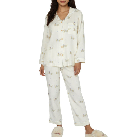 2-Piece Set Long Sleeve Button Front Top and Relaxed Fit Pants Pajama Set with Dog Print