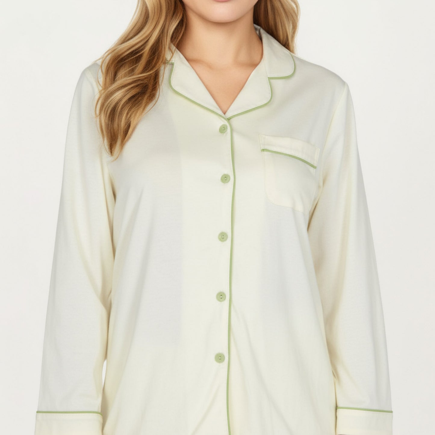 2-Piece Set Long Sleeve Button Front Top and Matching Relaxed Fit Pants Pajama Set with Contrast Piping