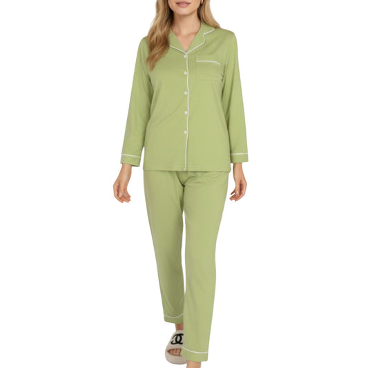 2-Piece Set Long Sleeve Button Front Top and Matching Relaxed Fit Pants Pajama Set with Contrast Piping