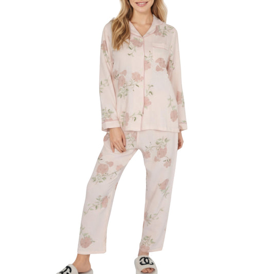 2-Piece Set Long Sleeve Button Front Pajama Top with Matching Relaxed Fit Pants Floral Print Sleepwear
