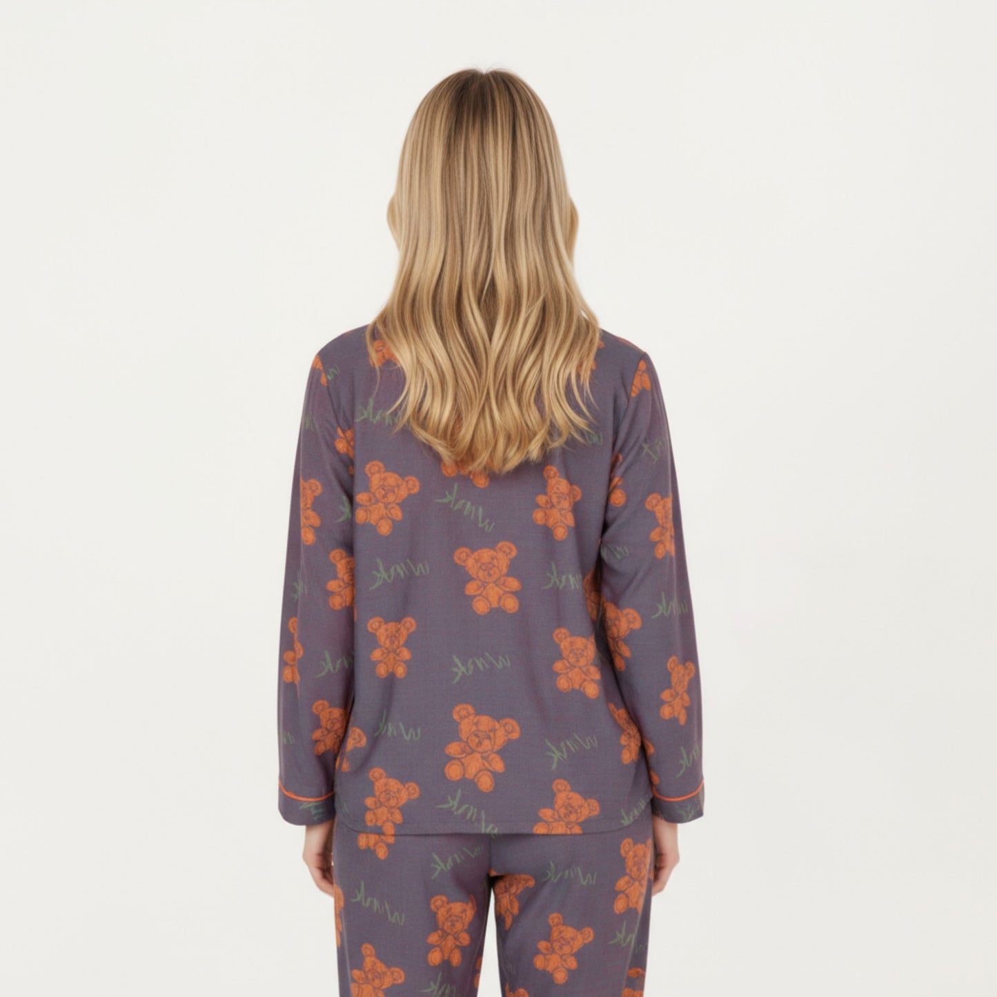 2-Piece Set Teddy Bear Print Button-Up Long Sleeve Pajama Top and Relaxed Fit Pants