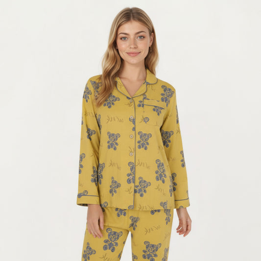 2-Piece Set Teddy Bear Print Button-Up Long Sleeve Pajama Top and Relaxed Fit Pants