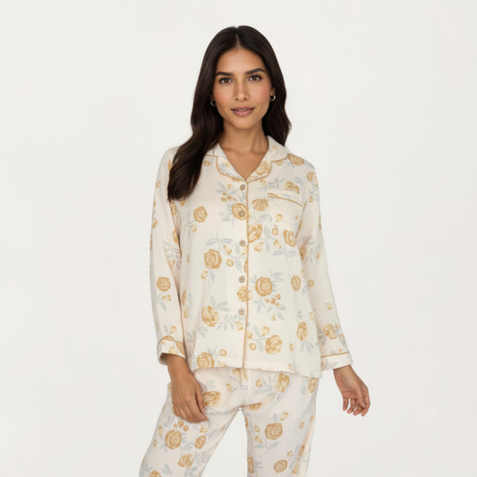 2-Piece Set Button-Up Floral Print Long Sleeve Sleep Shirt with Matching Relaxed Fit Pants