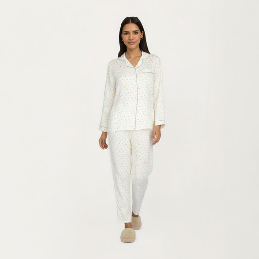 2-Piece Set Long Sleeve Button Front Pajama Top with Contrast Piping and Relaxed Fit Pants