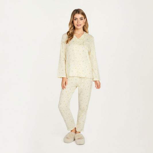 2-Piece Set Button Front Pajama Top with Ruffled Collar and Relaxed Fit Pants