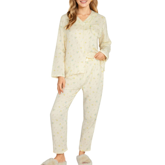 2-Piece Set Button Front Pajama Top with Ruffled Collar and Relaxed Fit Pants