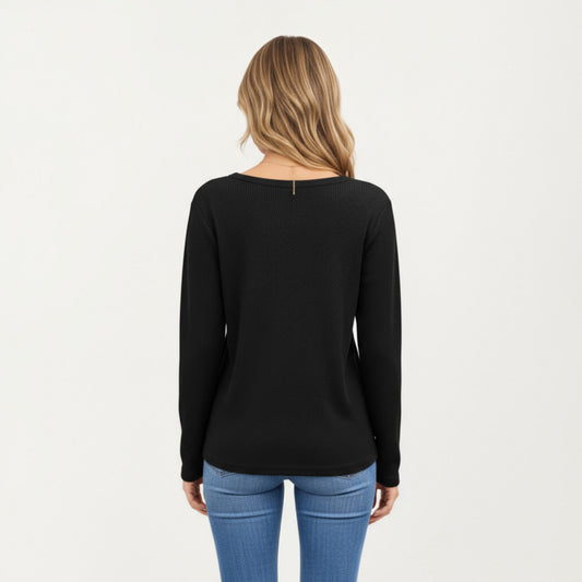 Long Sleeve Waffle Knit Top with Notch V-Neckline and Relaxed Fit