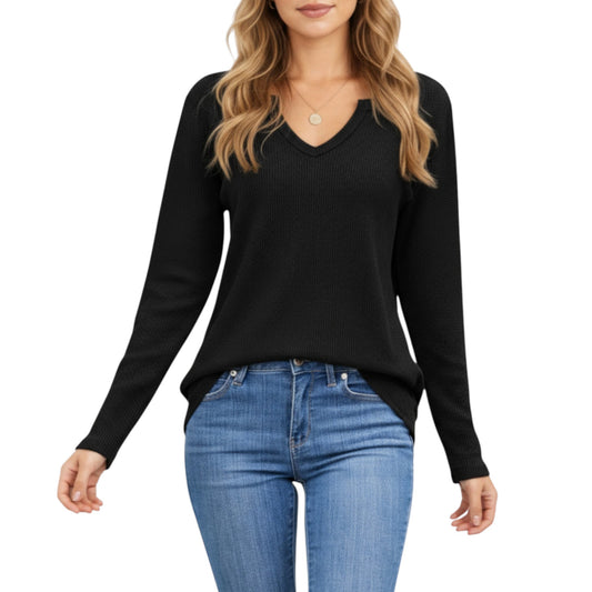 Long Sleeve Waffle Knit Top with Notch V-Neckline and Relaxed Fit