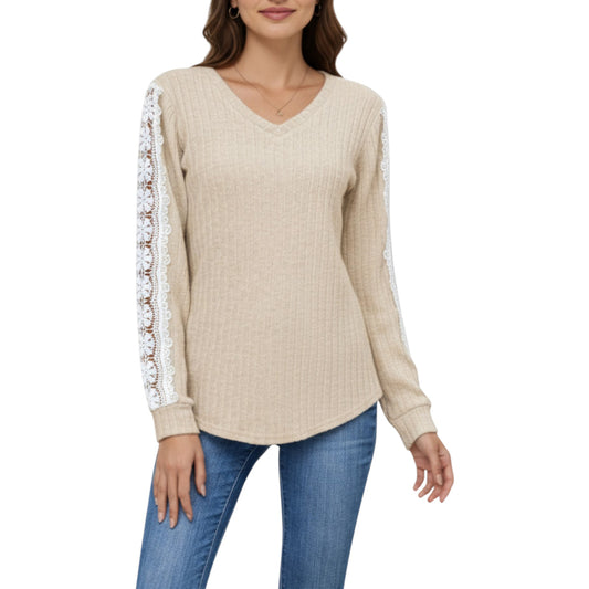 Long Sleeve V-Neck Knit Top with Lace Trim Detailing on Sleeves