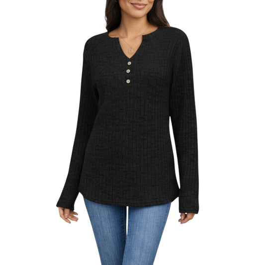 Long Sleeve Ribbed Knit Top with Button Front Detail and Curved Hem