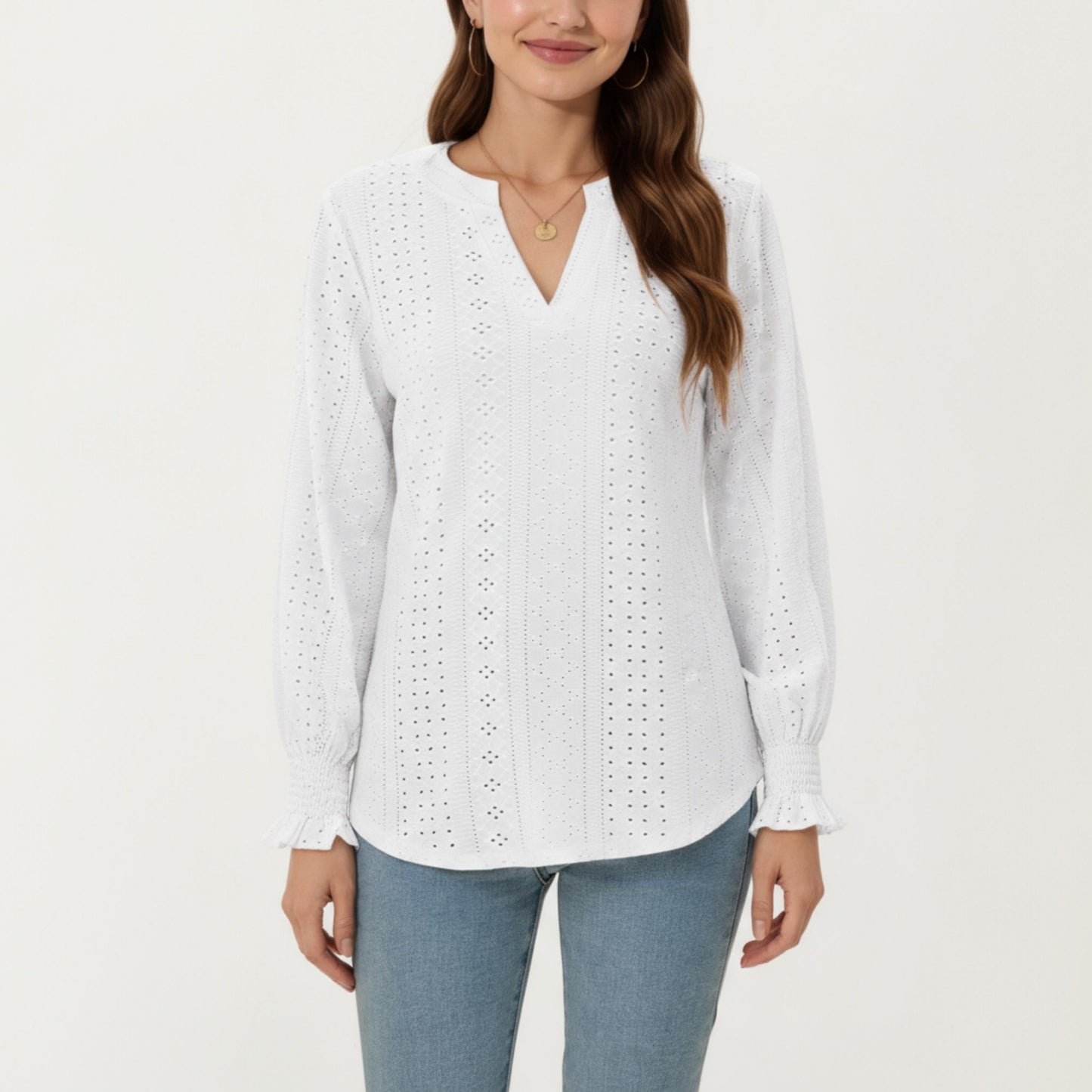 Long Sleeve Eyelet Embroidered Top with V-Neckline and Ruffle Cuffs