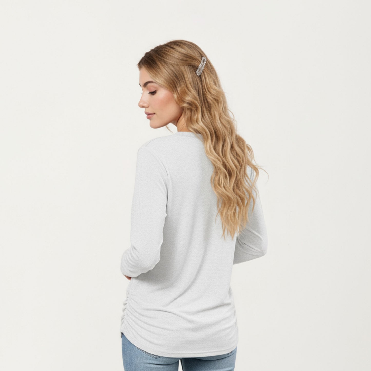 Long Sleeve V-Neck Top with Ruched Side Detailing
