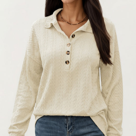 Collared Long Sleeve Button-Up Top with Textured Knit Design