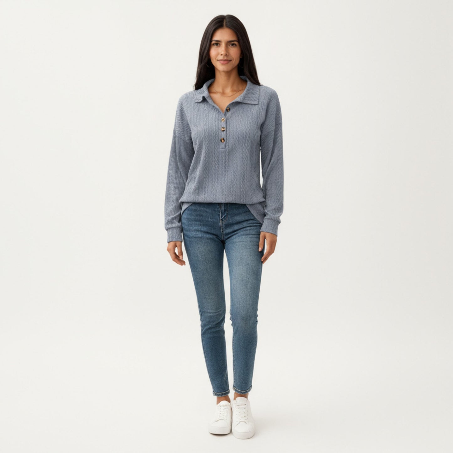 Collared Long Sleeve Button-Up Top with Textured Knit Design