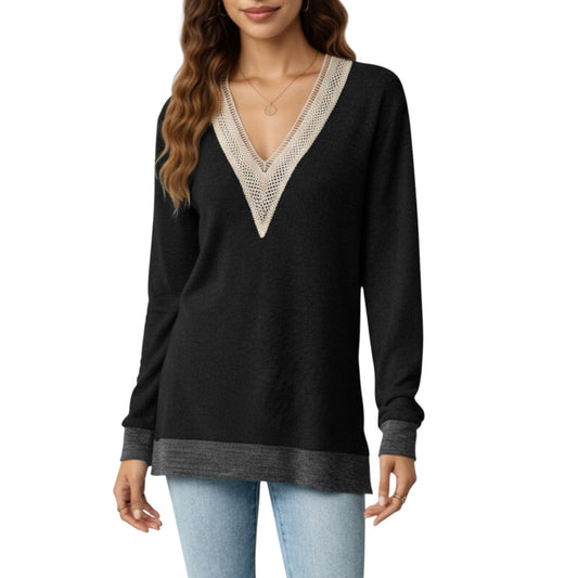 Long Sleeve V-Neck Top with Contrast Crochet Trim and Relaxed Hem