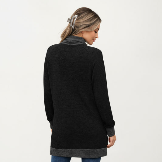 Long Sleeve Cowl Neck Top with Contrast Cuffs and Hem