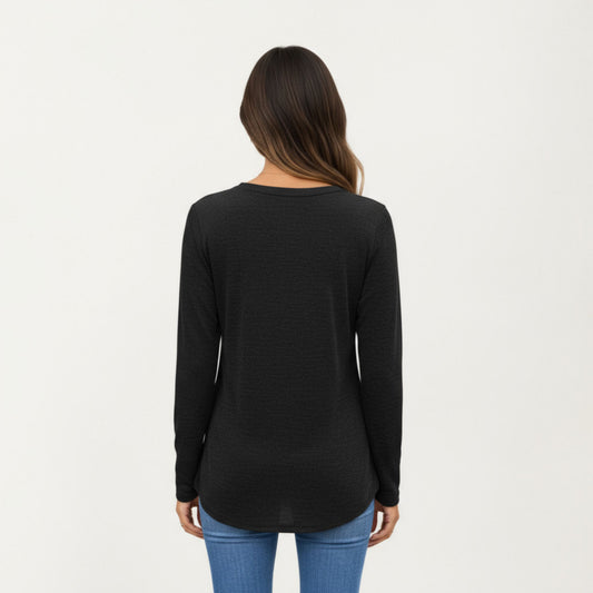 Long Sleeve V-Neck Top with Subtle Front Pleat and Relaxed Fit