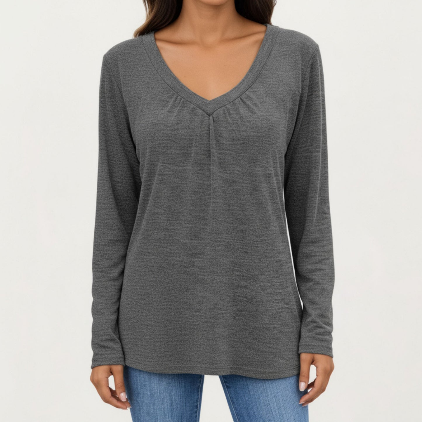 Long Sleeve V-Neck Top with Subtle Front Pleat and Relaxed Fit