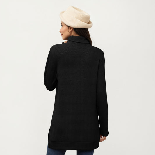 Long Sleeve Collared Knit Top with Subtle Textured Pattern and Relaxed Fit