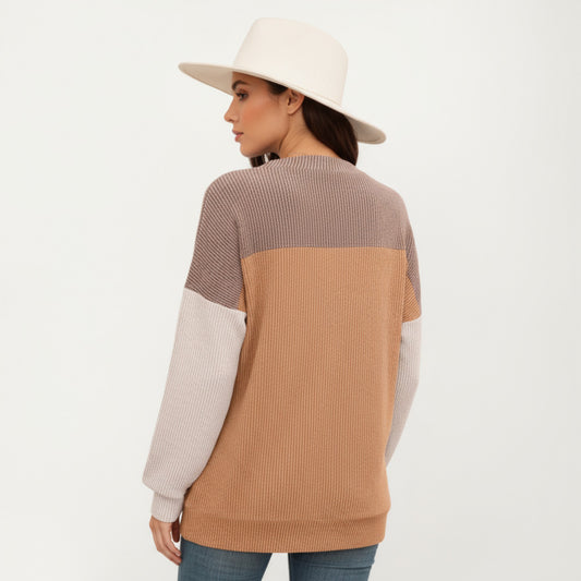 Long Sleeve Colorblock Pullover Top with Crew Neck and Relaxed Fit