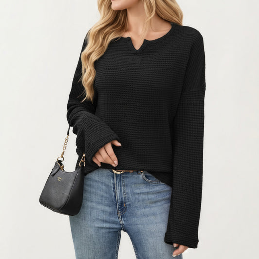 Long Sleeve Textured Knit Pullover Top with Split Neck and Relaxed Fit