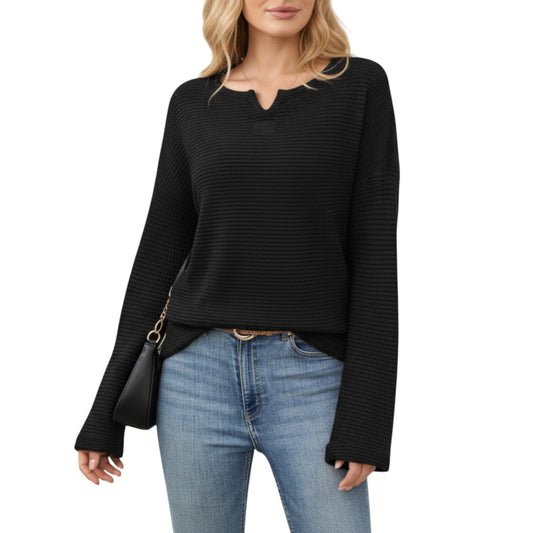 Long Sleeve Textured Knit Pullover Top with Split Neck and Relaxed Fit