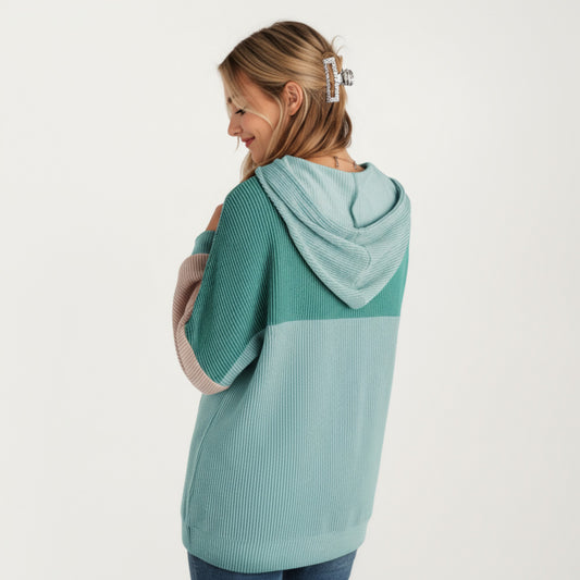Long Sleeve Color Block Knit Hoodie with Drawstring and Relaxed Fit