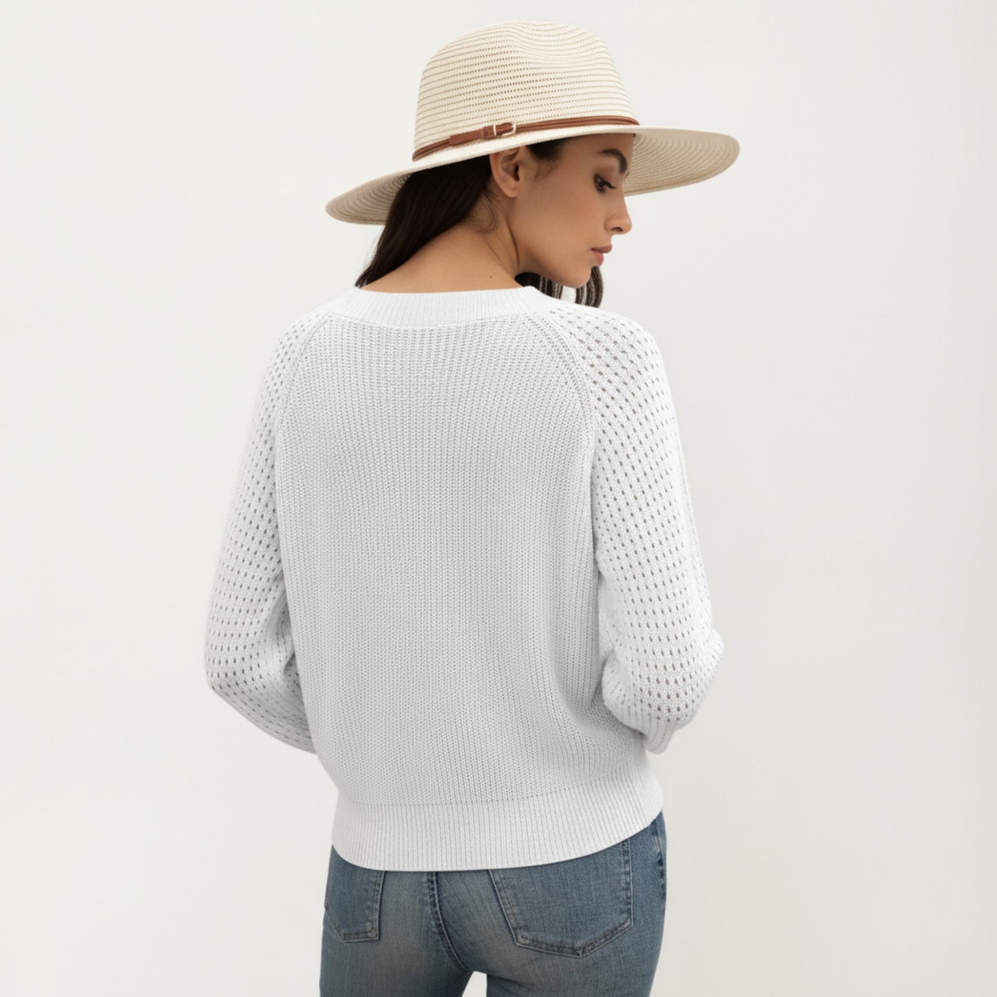 Off-Shoulder Knit Sweater with Pointelle Sleeves and Relaxed Fit