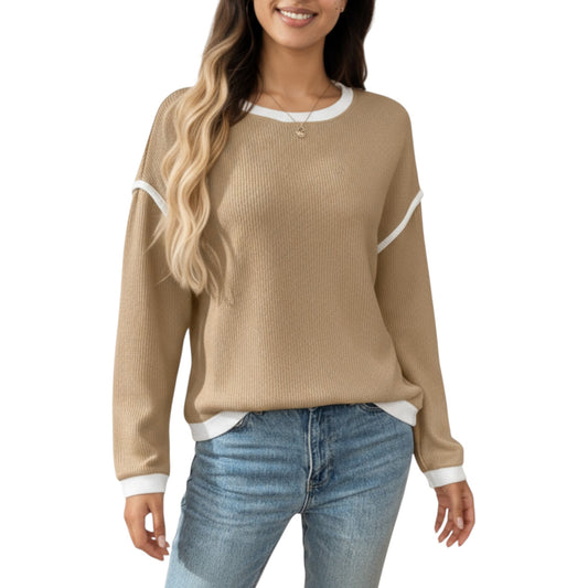 Long Sleeve Knit Top with Contrast Trim and Relaxed Fit
