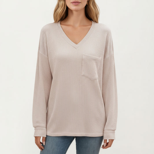V-Neck Long Sleeve Knit Top with Chest Pocket and Relaxed Fit