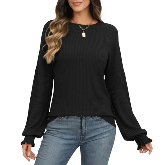 Long Sleeve Ribbed Knit Top with Subtle Ruffle Cuff Detail