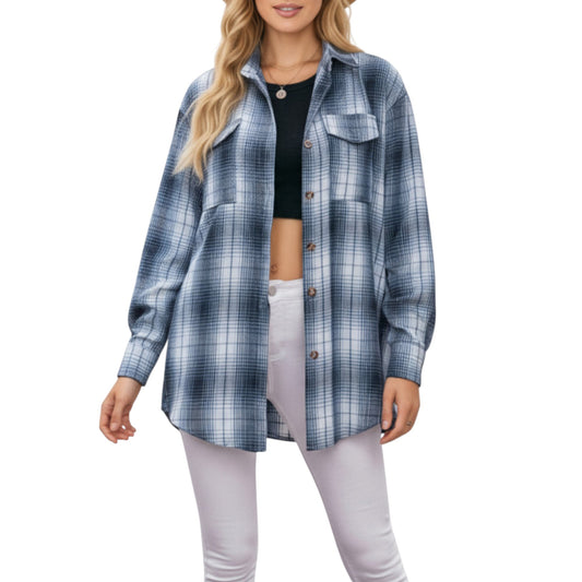 Long Sleeve Plaid Button-Up Shirt with Front Pockets and Relaxed Fit