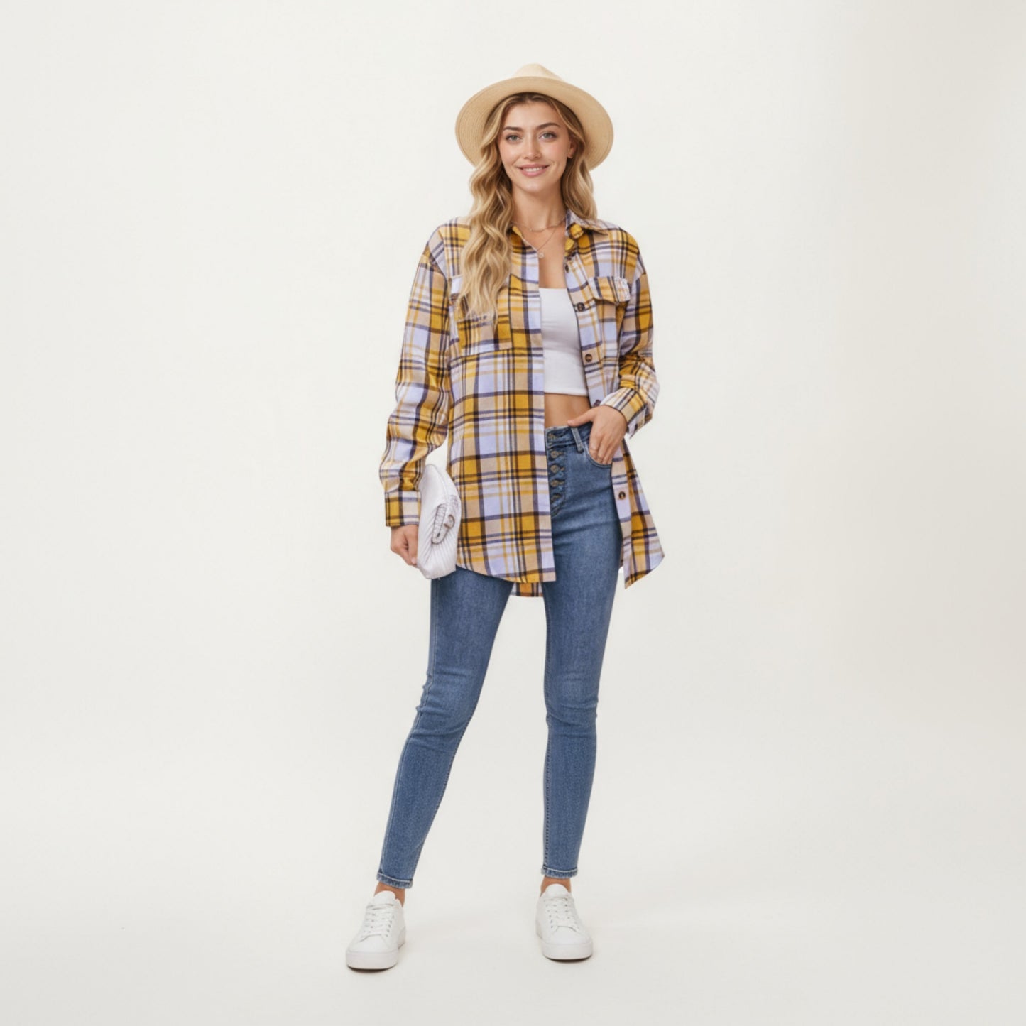 Long Sleeve Plaid Button-Up Shirt with Front Pockets and Relaxed Fit