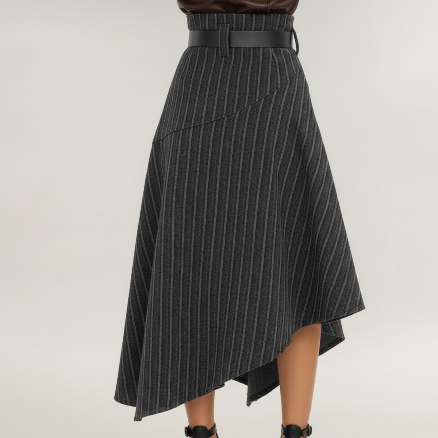 Asymmetrical Pinstripe Midi Skirt with High Waist and Tailored Draping
