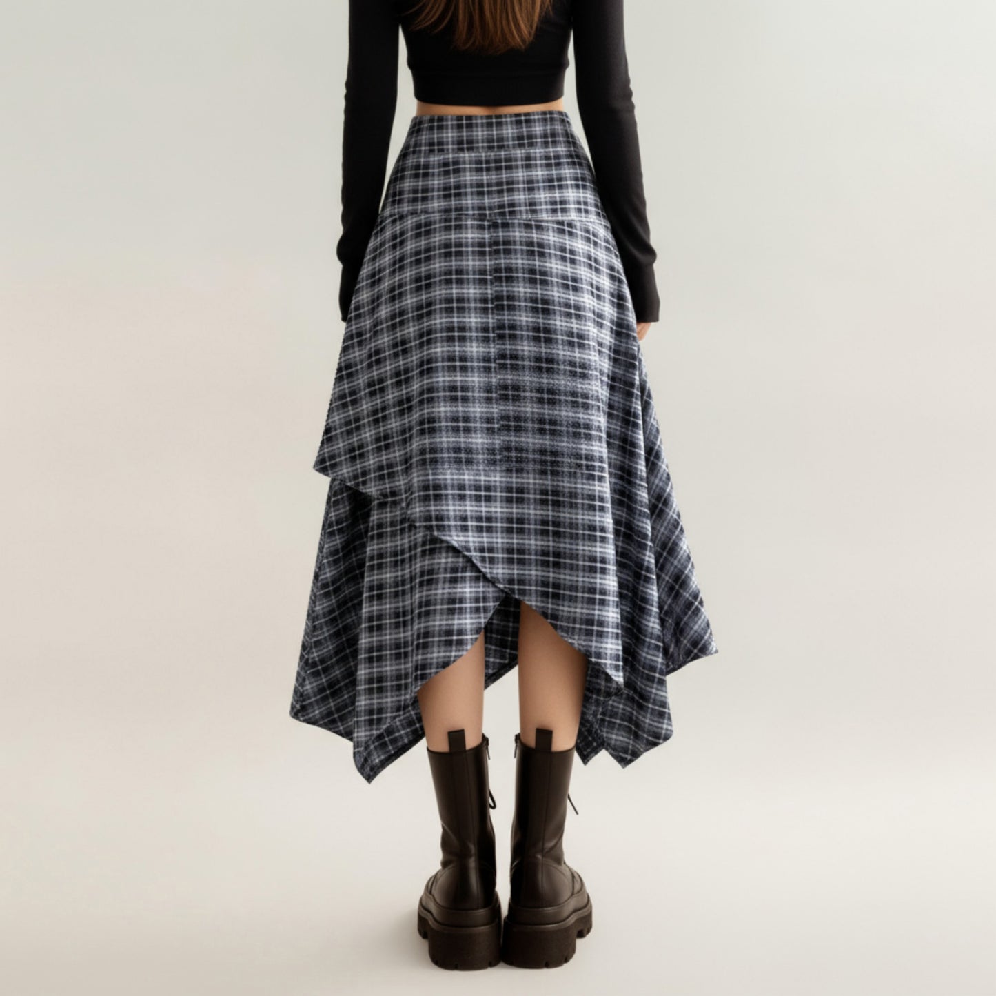 Asymmetrical Plaid Midi Skirt with Layered Handkerchief Hem
