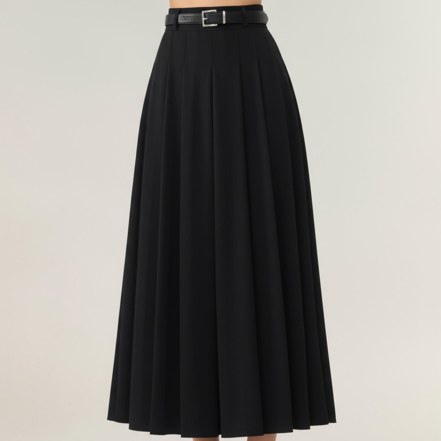 High Waist Pleated Maxi Skirt with Structured A-Line Silhouette