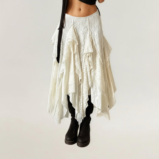 Asymmetrical Layered Lace Maxi Skirt with Flowing Ruffle Drapes