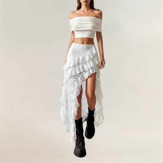 Asymmetrical Lace Maxi Skirt with Ruffled Layers and High Slit