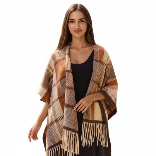 Plaid Fringe Shawl Wrap with Soft Woven Texture and Open Front Design 67x45.5 in